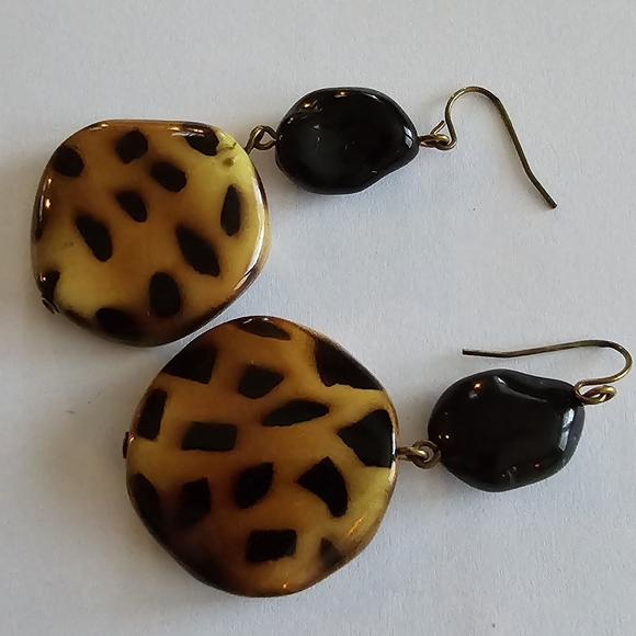 Leopard spots earrings black brown safari cheetah cat tan gold tone - Picture 6 of 7
